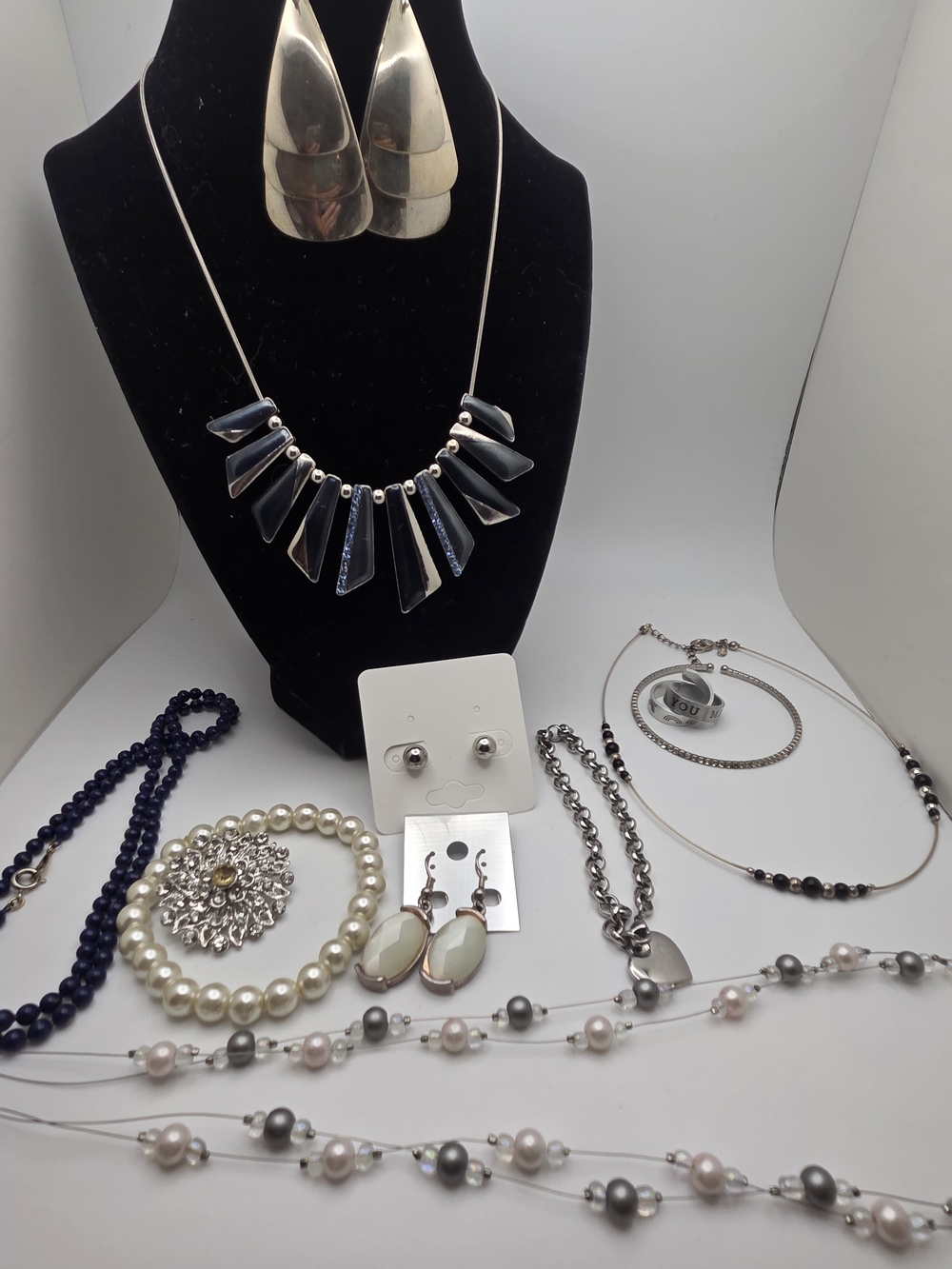 Vintage Navy Glass & Silvertone Jewelry Lot – Signed Brighton Real Silver-Plate